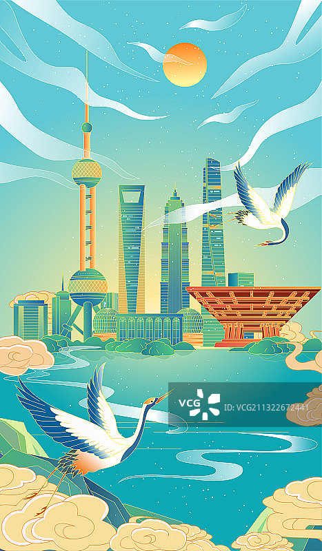 上海城市国风插画竖版图片素材