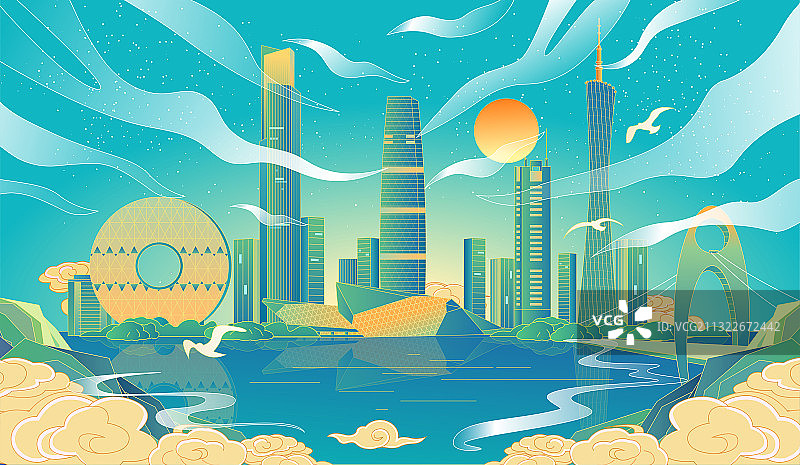 广州国风建筑插画图片素材