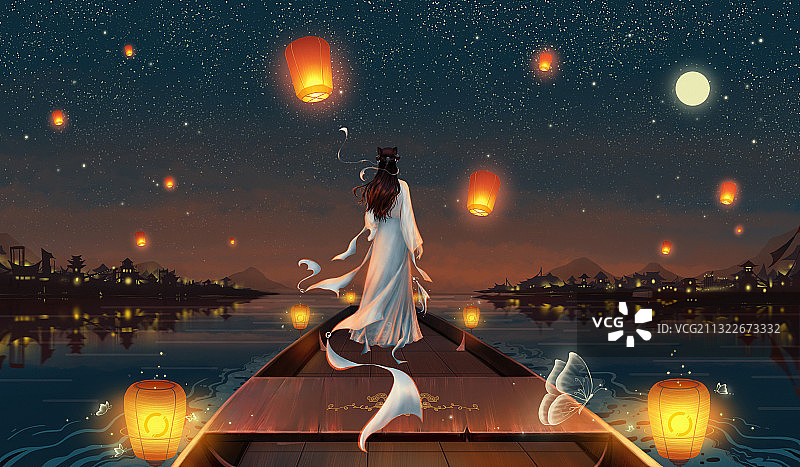 夜晚泛舟祈福的少女背影古风插画图片素材
