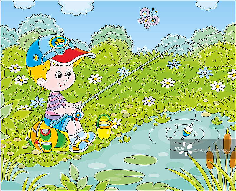 在池塘边钓鱼的小男孩图片素材