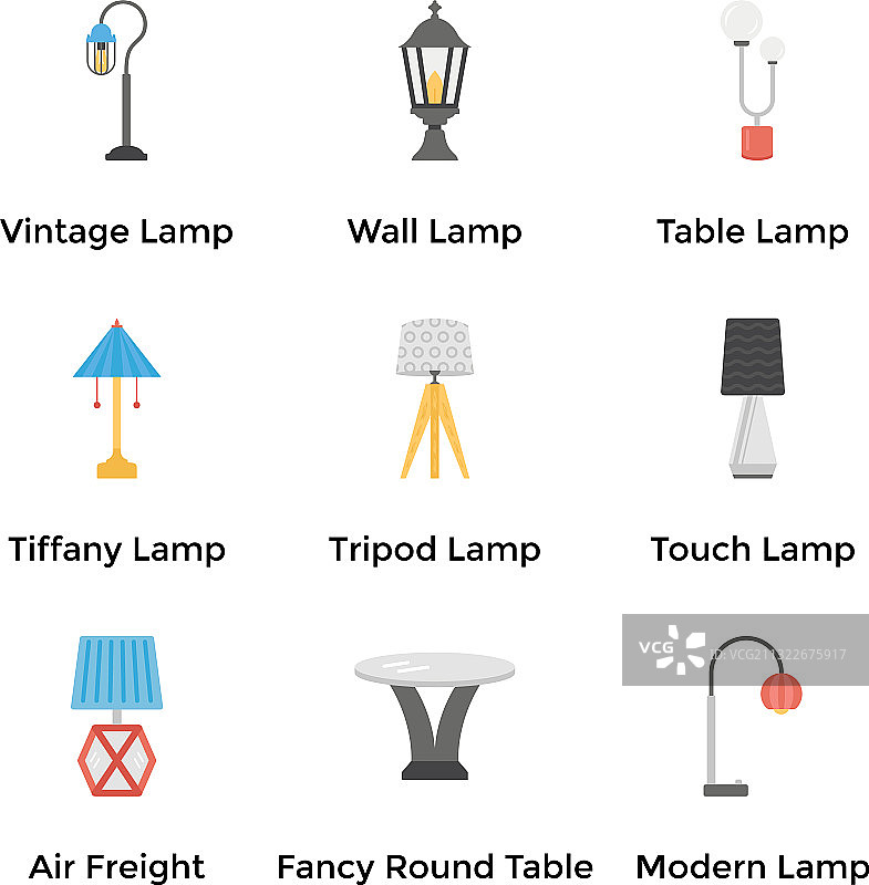 天花板、桌子和落地灯扁平套装图片素材