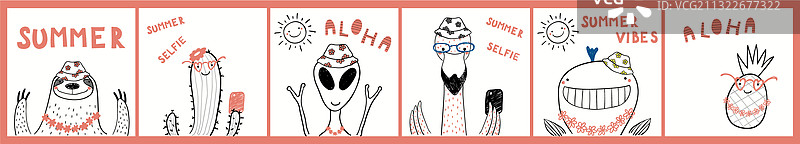 可爱的夏季动物卡片套装图片素材