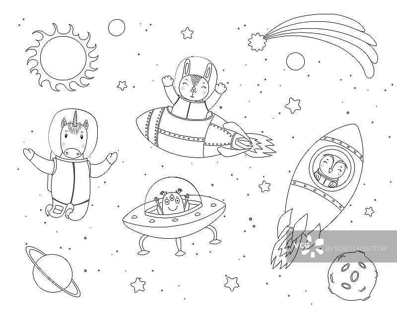 太空主题可爱动物涂色页图片素材