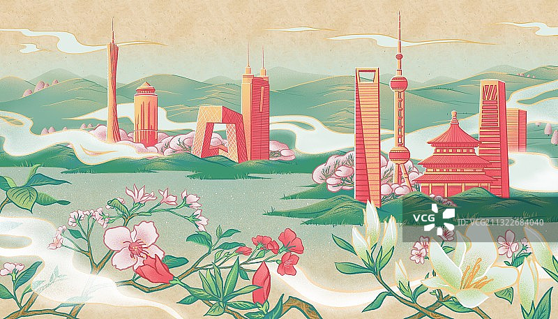 锦绣春天城市建筑节日图片素材