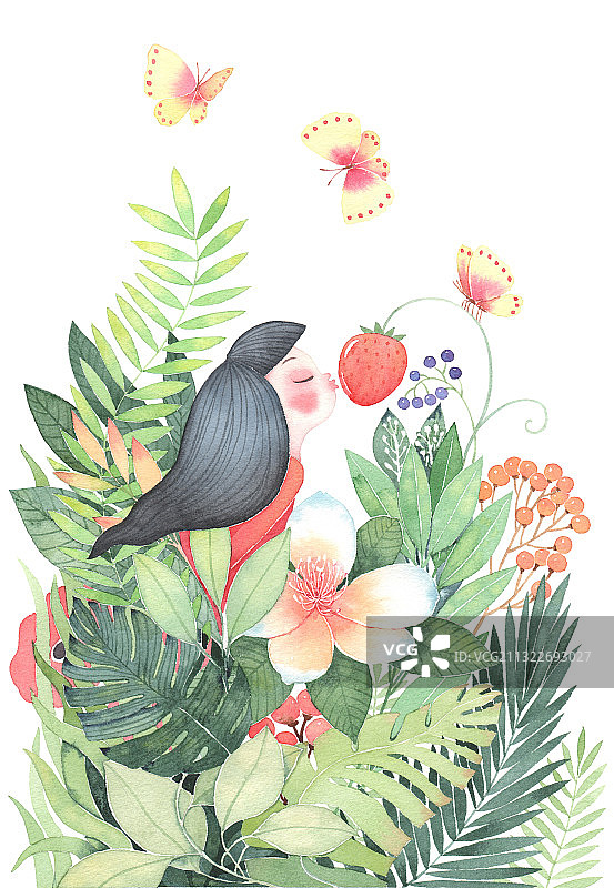 唯美水彩插画草丛中闭着眼睛亲近大自然图片素材