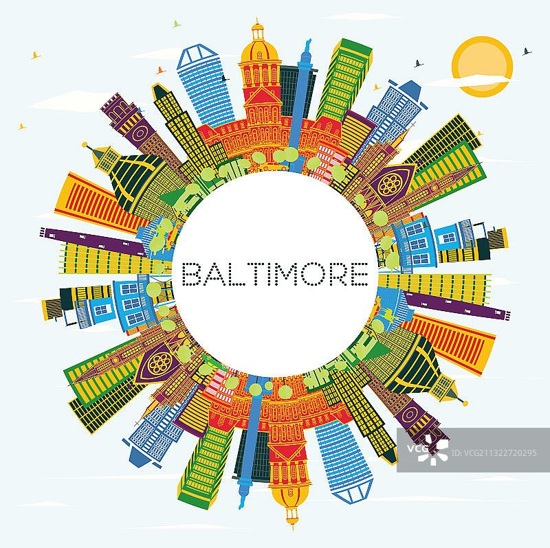 彩色巴尔的摩城市天际线图片素材
