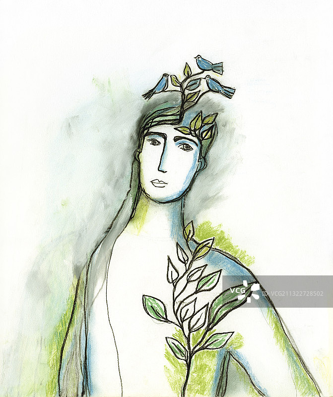 有植物和鸟类的无上衣男人肖像插图图片素材