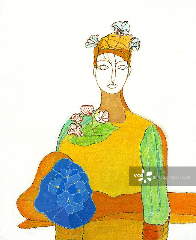 手持蓝色花束的繁盛女性插画图片素材