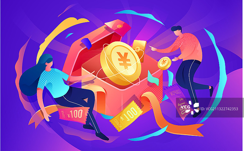人物打开金币礼盒矢量插图图片素材