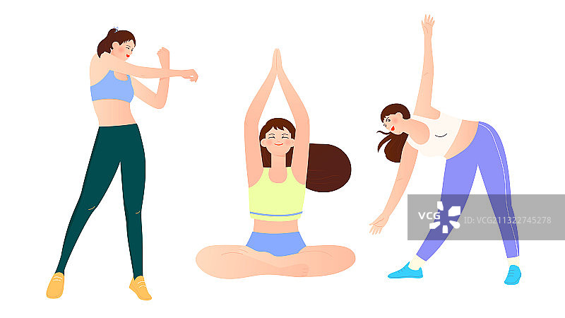 三个做瑜伽运动的健康女孩矢量插画元素图片素材