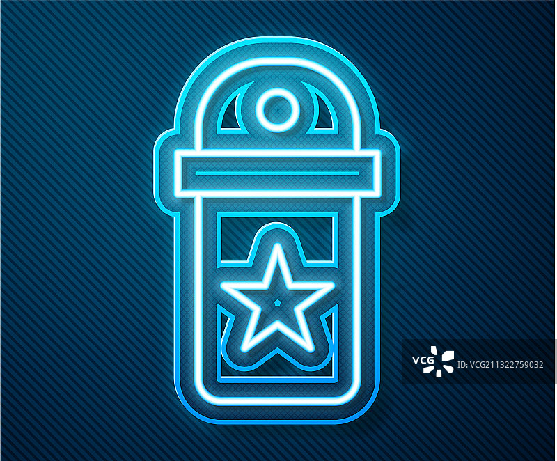 蓝色背景上的发光霓虹V形图标图片素材