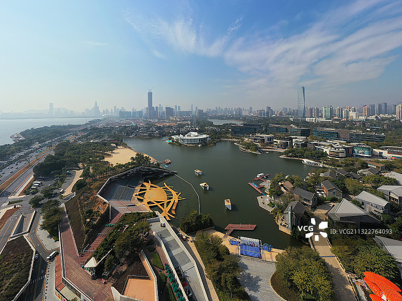 广东省深圳市南山区深圳湾公园欢乐海岸航拍图片素材