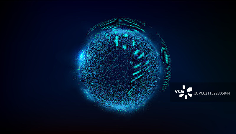 科技粒子地图围绕着线聚集成数字化的星球，矢量抽象背景图片素材