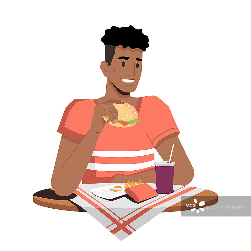 非洲裔男子吃汉堡薯条和可乐图片素材
