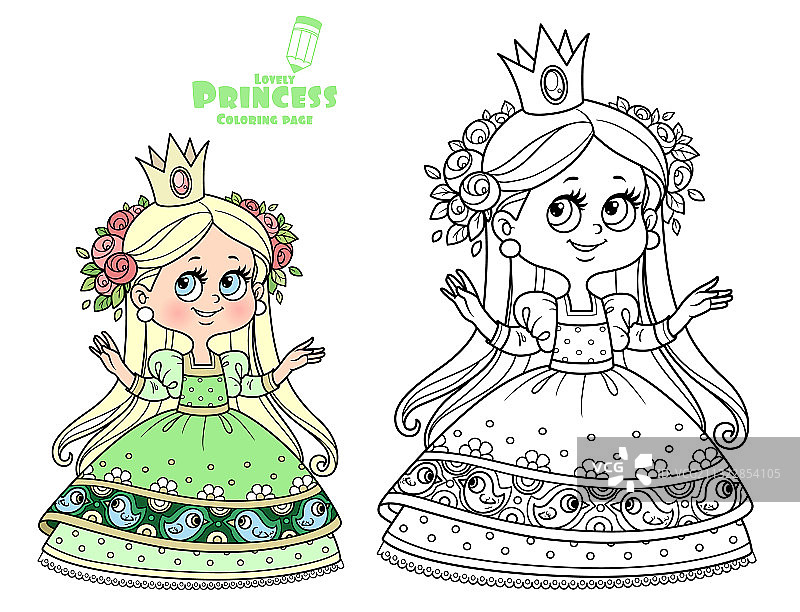 穿着绿色礼服、头戴玫瑰花环的可爱公主图片素材