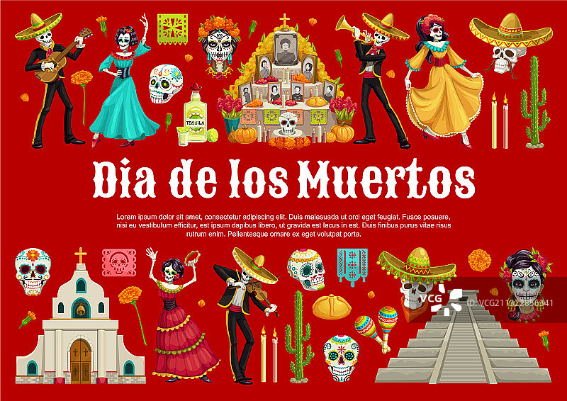 亡灵节骷髅吉他帽子祭坛图片素材