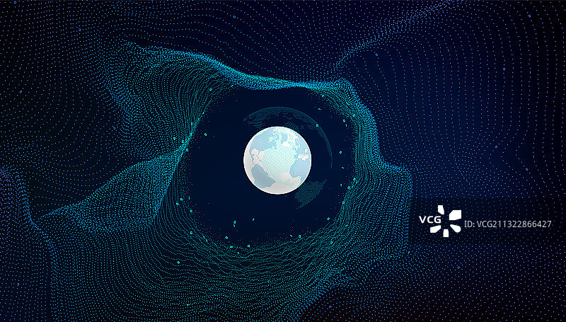 粒子组合的地球在数码网格空间里运行，抽象矢量科技背景图片素材