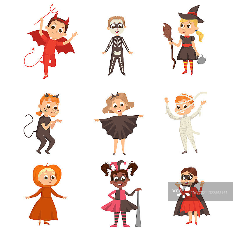 穿着万圣节服装的有趣儿童卡通形象图片素材