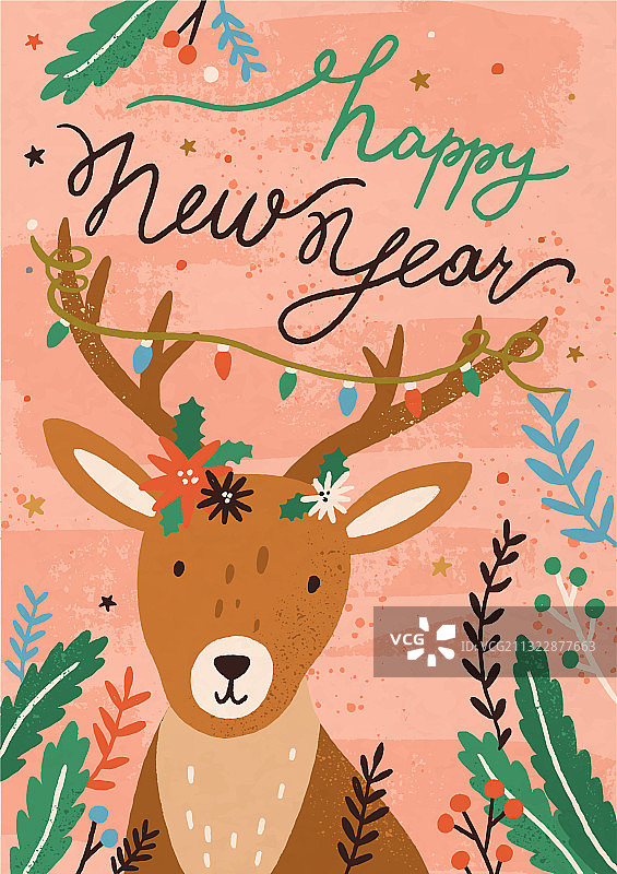 圣诞节可爱小鹿与槲寄生明信片图片素材