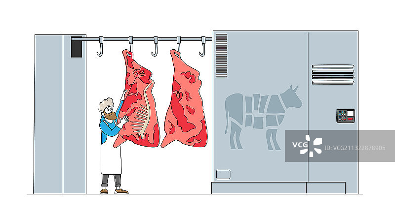 屠夫男人站在生牛肉屠体旁图片素材