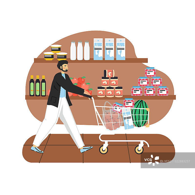 杂货店男人和满载的购物车图片素材