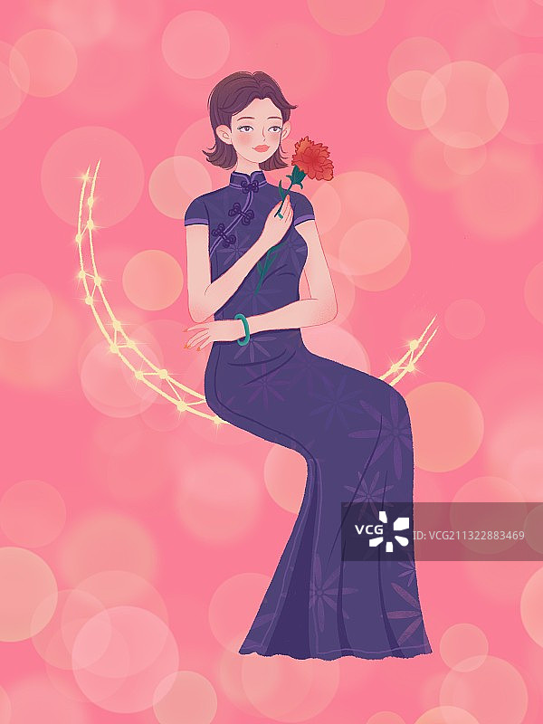 插画,旗袍,女人,妇女节,梦幻,女王节,女神节,优雅,花图片素材