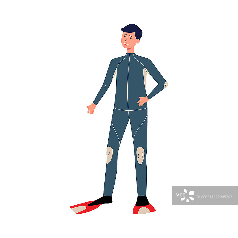 戴着脚蹼潜水的男人扁平卡通图片素材