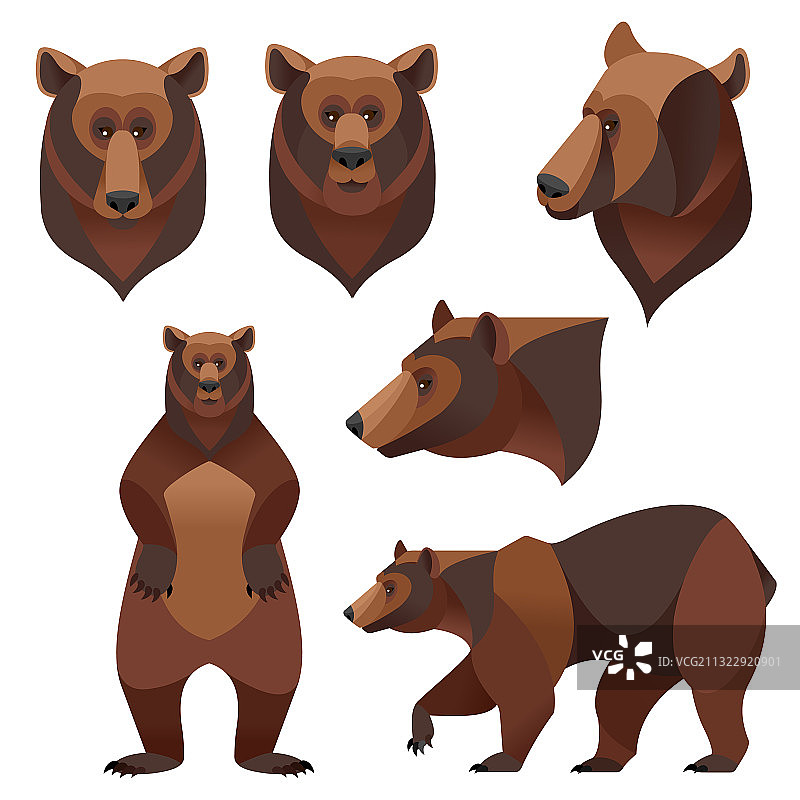 卡通彩色不同灰熊图标集图片素材