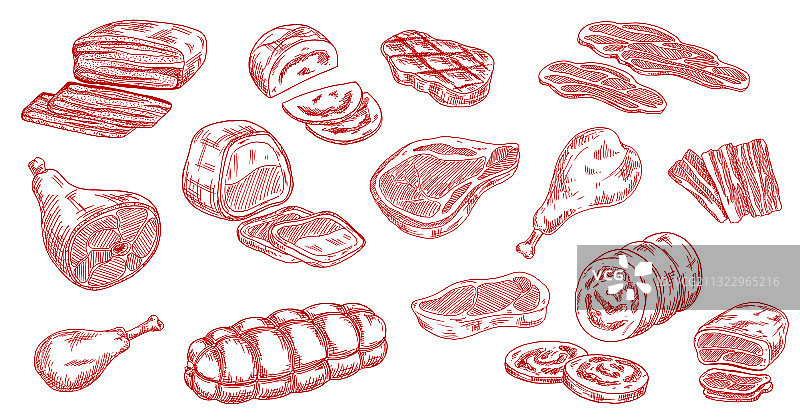 猪肉香肠小牛肉火腿和羊肉素描图片素材