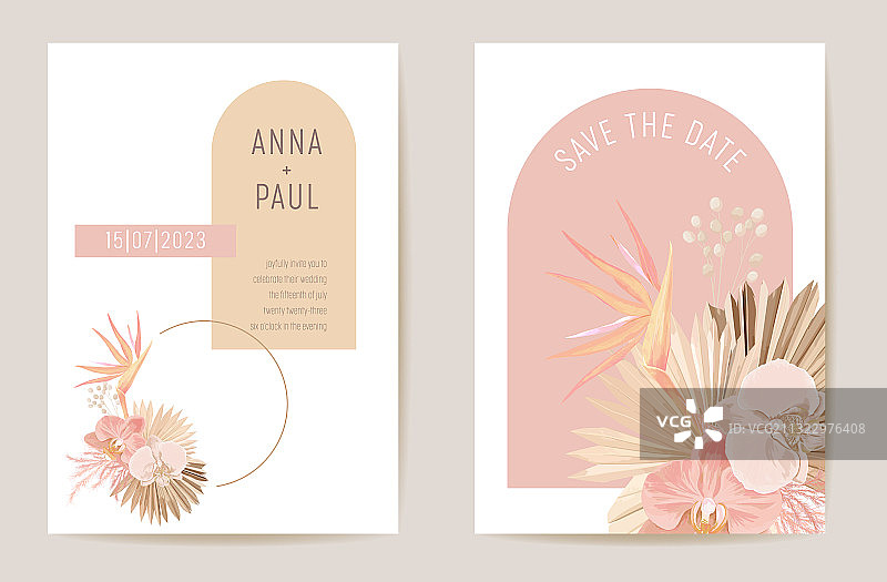 婚礼卡片热带棕榈叶兰花设计图片素材