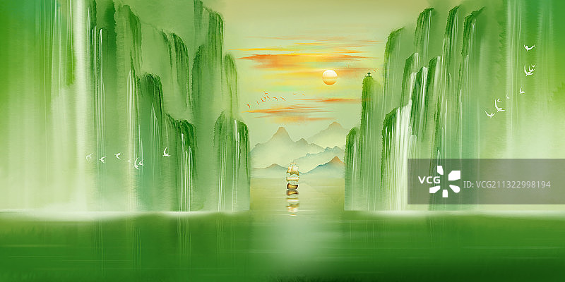 帆船在傍晚的山林中穿行国风山水插画图片素材