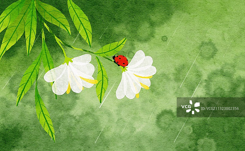 春天花朵上的七星瓢虫水彩插画图片素材