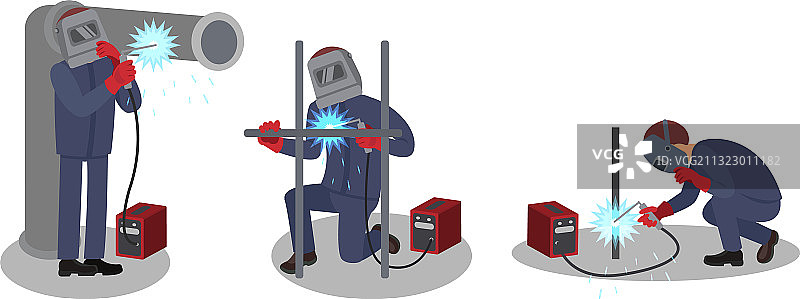 戴焊接头盔和防护装备的焊接工人图片素材