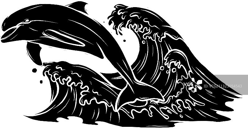 海浪中跳跃的海豚黑色轮廓图片素材