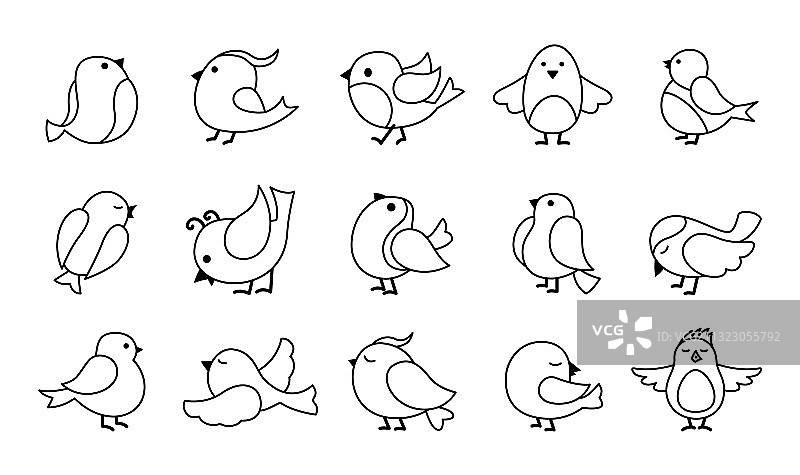 可爱小鸟卡通黑线扁平风格合集图片素材