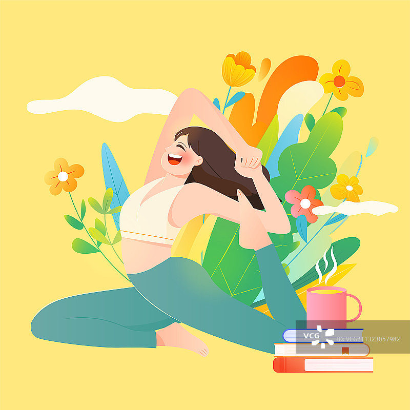 女孩在花丛中开心的瑜伽拉伸运动矢量插画图片素材