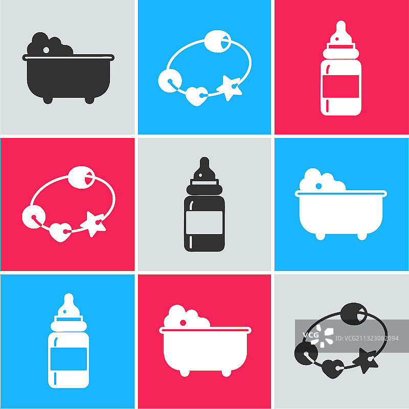 婴儿浴缸摇铃和奶瓶图片素材