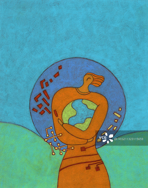 女性手持地球仪与科技符号的插图图片素材