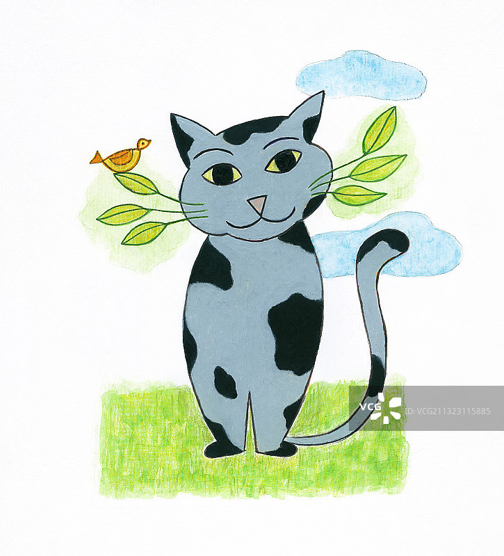 户外植物小鸟猫咪插画图片素材
