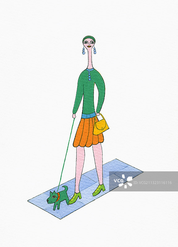 穿着绿色连衣裙的女士和她的绿色宠物狗插画图片素材