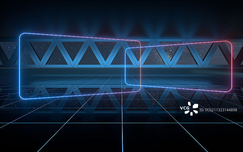 神秘蓝色科幻室内空间 3D渲染图片素材