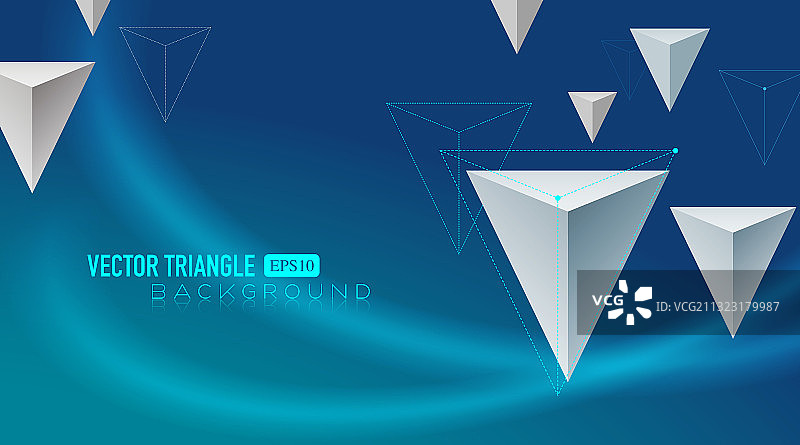 三角锥体倒立悬浮在有光轨迹的蓝色空间里，矢量抽象科技背景图片素材