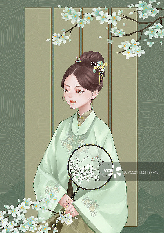 摇着扇子坐在花下的古代女子图片素材