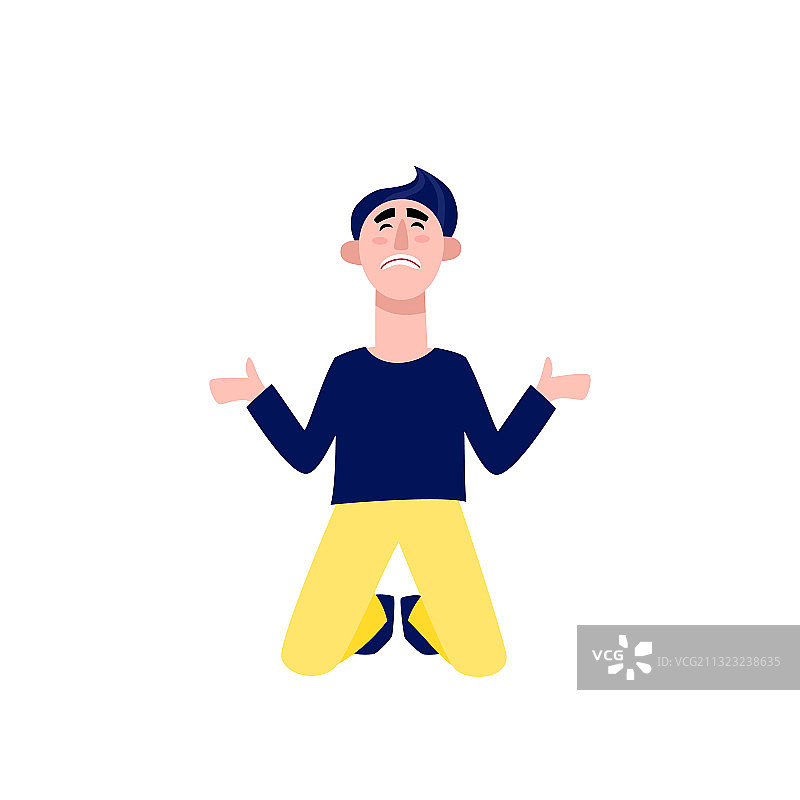 卡通悲伤男人跪在白色背景上图片素材
