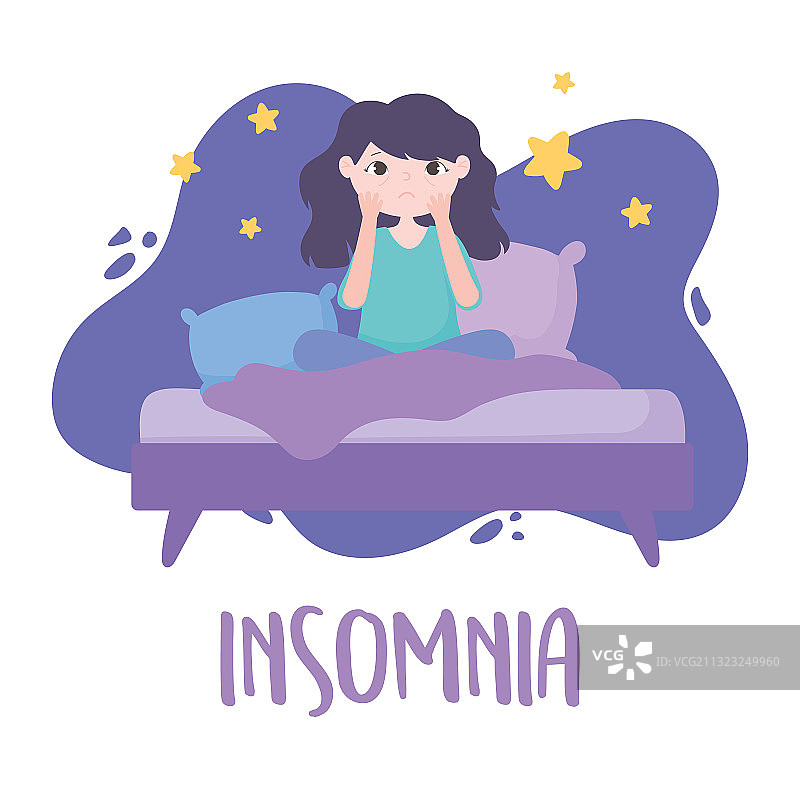 失眠：有眼袋的失眠女孩在床上图片素材