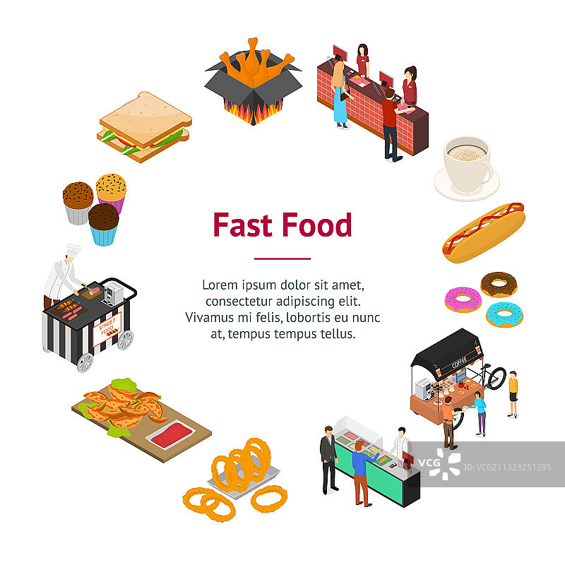 快餐车咖啡馆概念banner圆形3D卡片图片素材