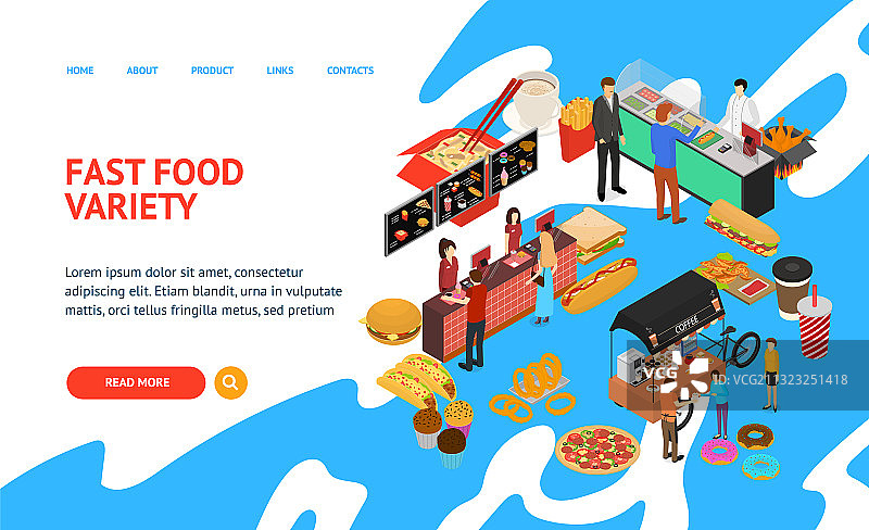 快餐车咖啡馆概念卡片2.5D视图图片素材