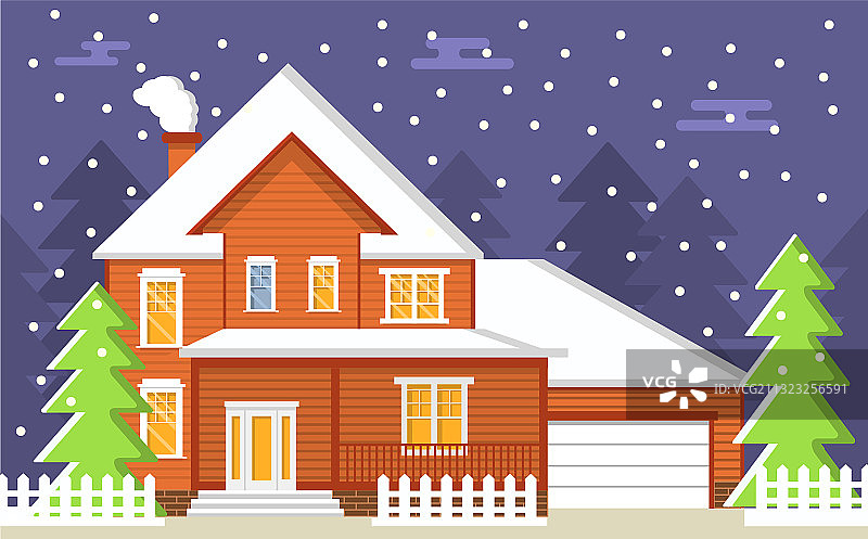 乡村冬季风景：杉树与私人住宅图片素材