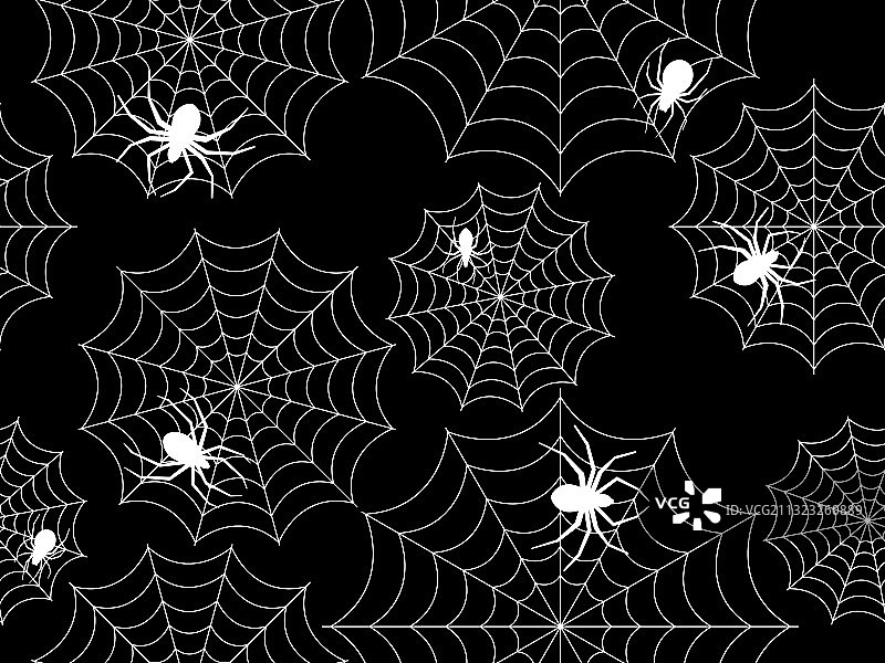 蜘蛛和蜘蛛网无缝图案，白色轮廓图片素材