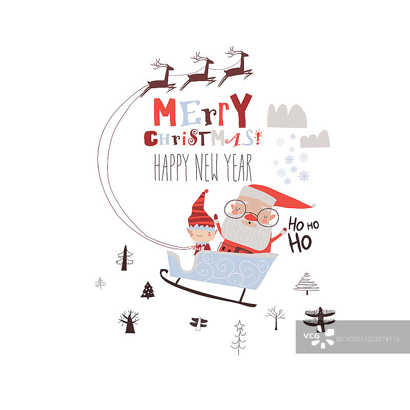 快乐圣诞老人乘雪橇带助手图片素材